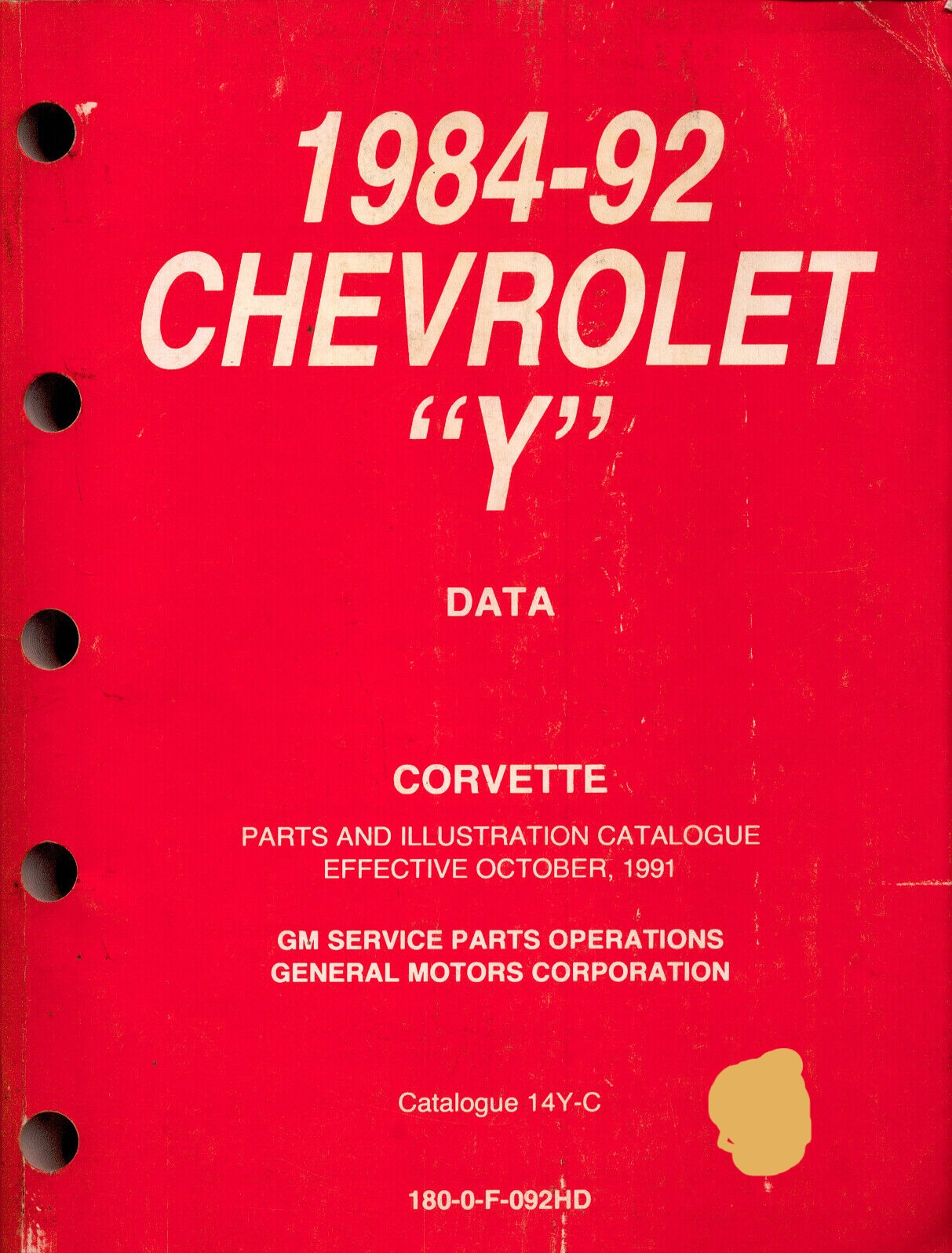 1984-1992 CHEVROLET Y CORVETTE Parts & Illustration Catalogue 14Y-C 180-0-F-092HD #B38