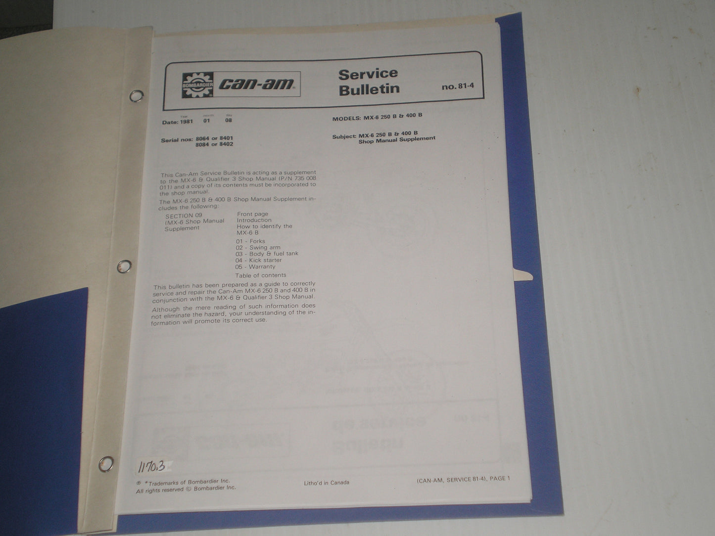 CANAM CAN AM MX6 MX-6 250 B & 400 B 1981 Service / Shop Manual Supplement #1170.4