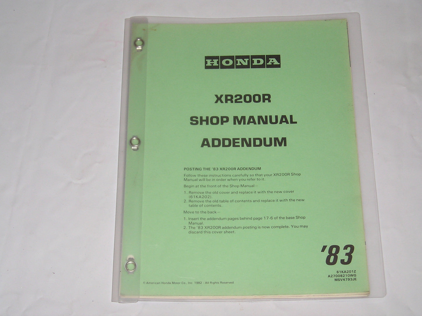HONDA XR200 R XR200R 1981-1983 Service / Shop Manual Supplement HM1023 #1276