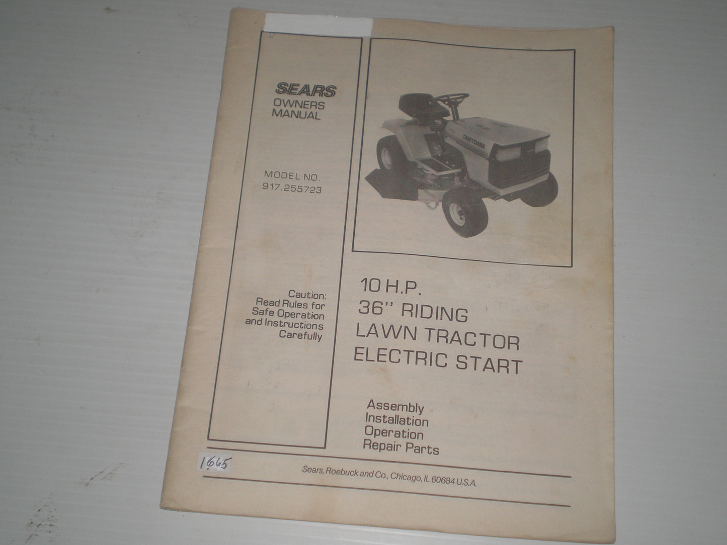 SEARS 10 HP 36" Riding Lawn Tractor Electric Start Model # 917.255723 Owner's Manual #1665