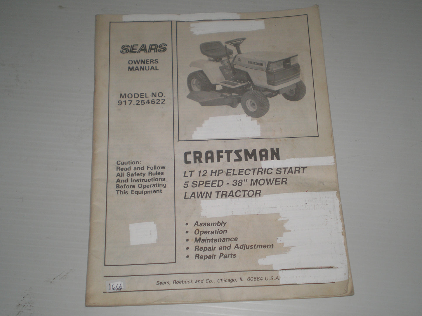 CRAFTSMAN SEARS 12 HP Electric Start 5 Speed 38" Mower Lawn Tractor Owner's Manual Model # 917.254622 #1666