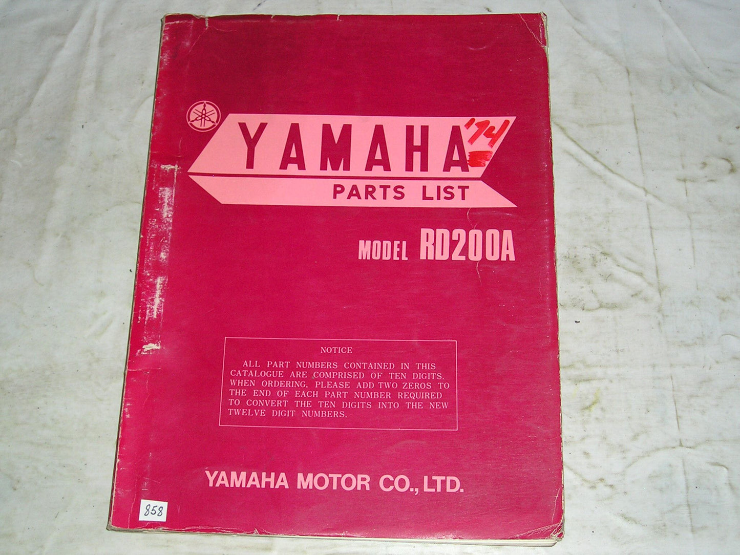 YAMAHA RD200 A 1974 Parts List / Catalogue 397-28198-60 LIT-10013-97-00 #858