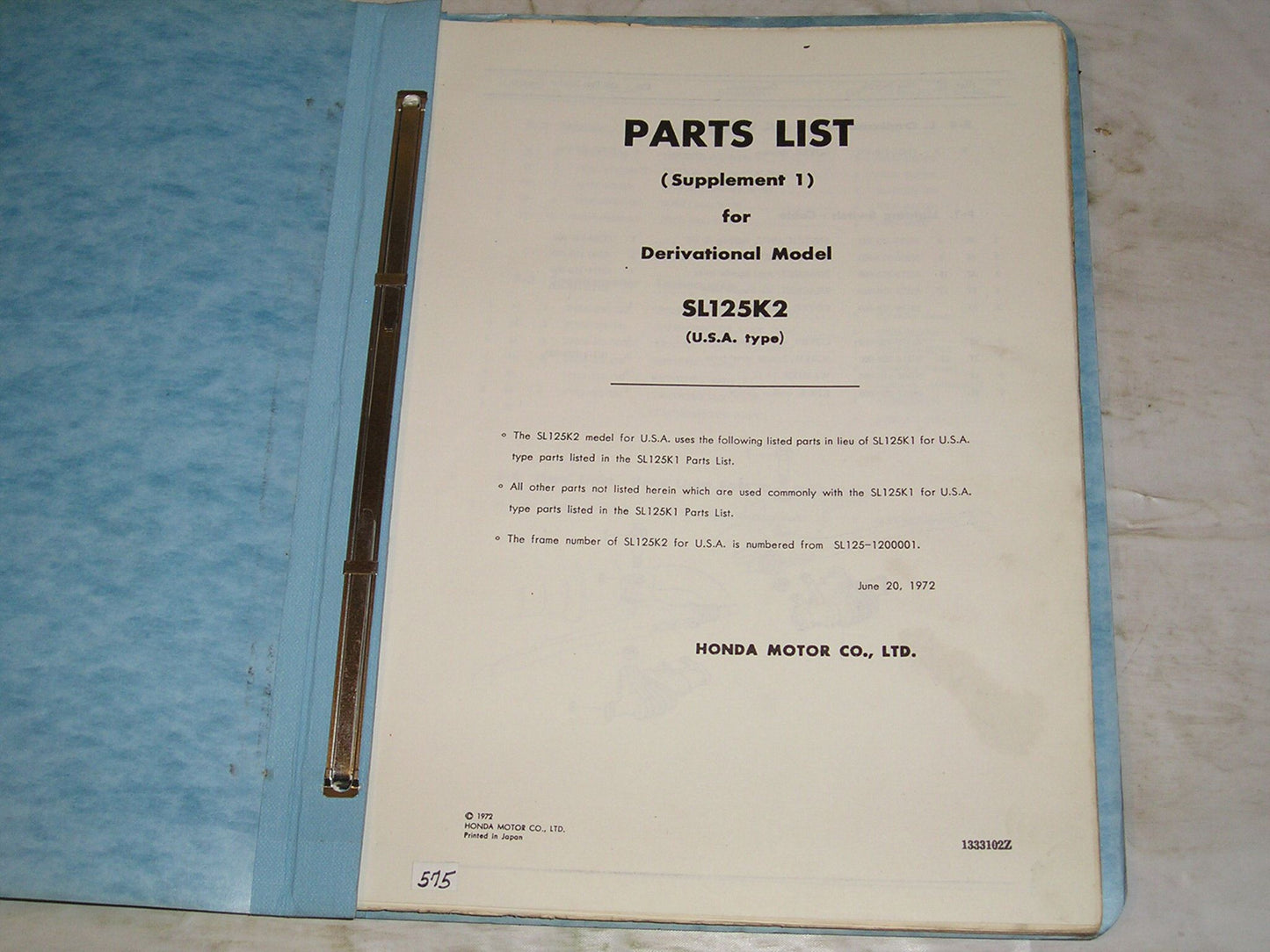 HONDA SL125 K2 1973 Facory Parts List 1333102Z #575