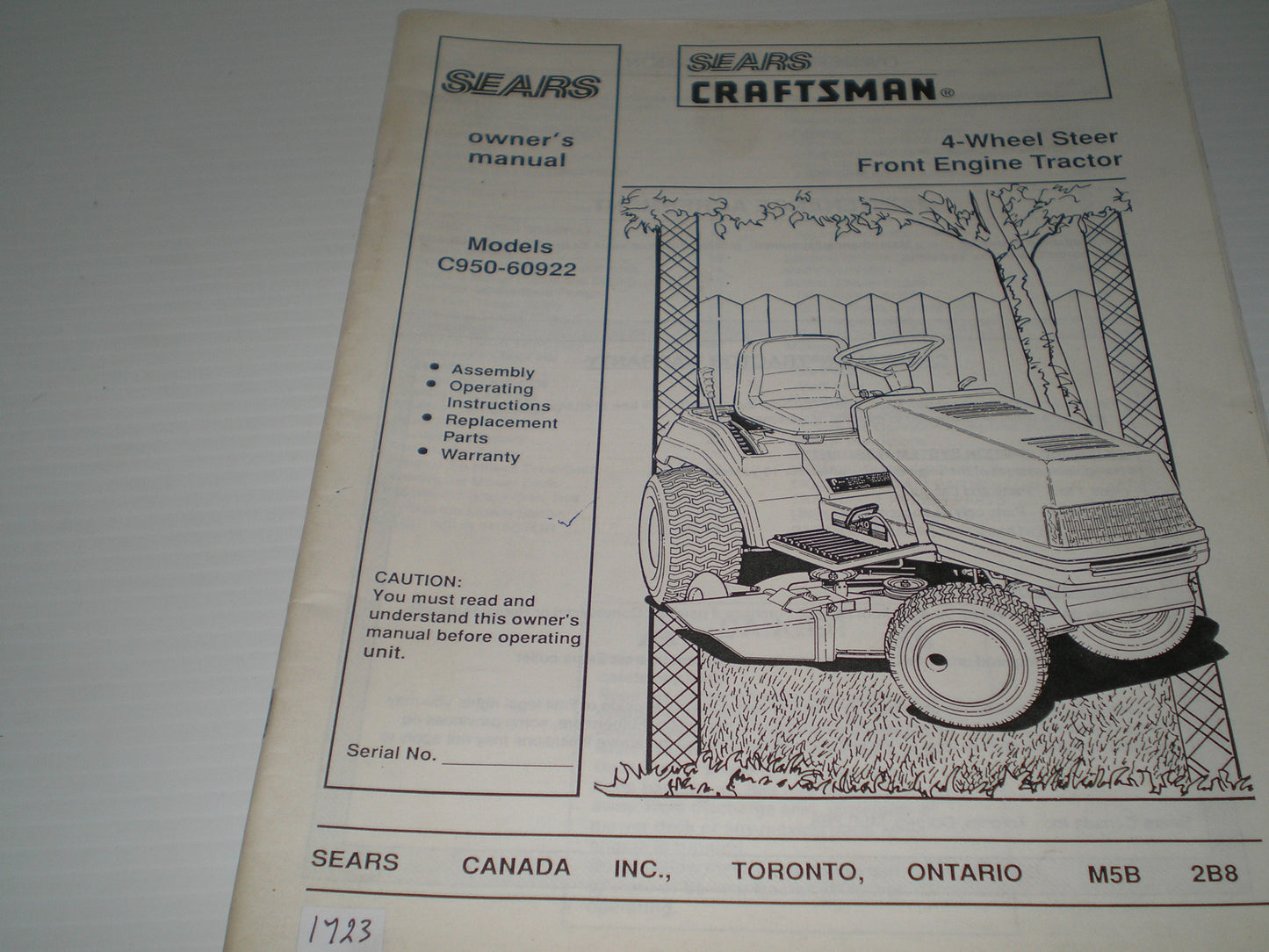 CRAFSTMAN SEARS 4-Wheel Steer Front Engine Tractor Model # C950-60922 Owner's Manual #1669
