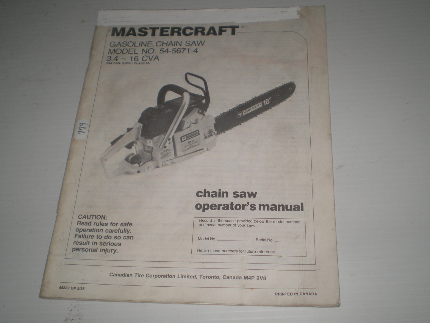 MASTERCRAFT Gasoline Chain Saw Operator's Manual 66887 BP 9/86 #779