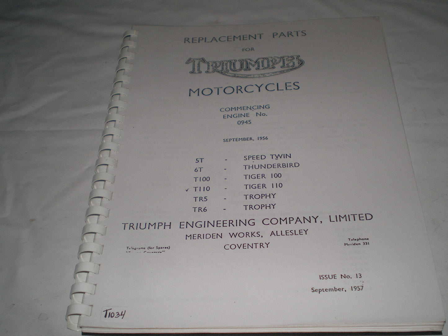 TRIUMPH 5T 6T T100 T110 TR5 TR6 1958 Parts Catalogue 13 #E32
