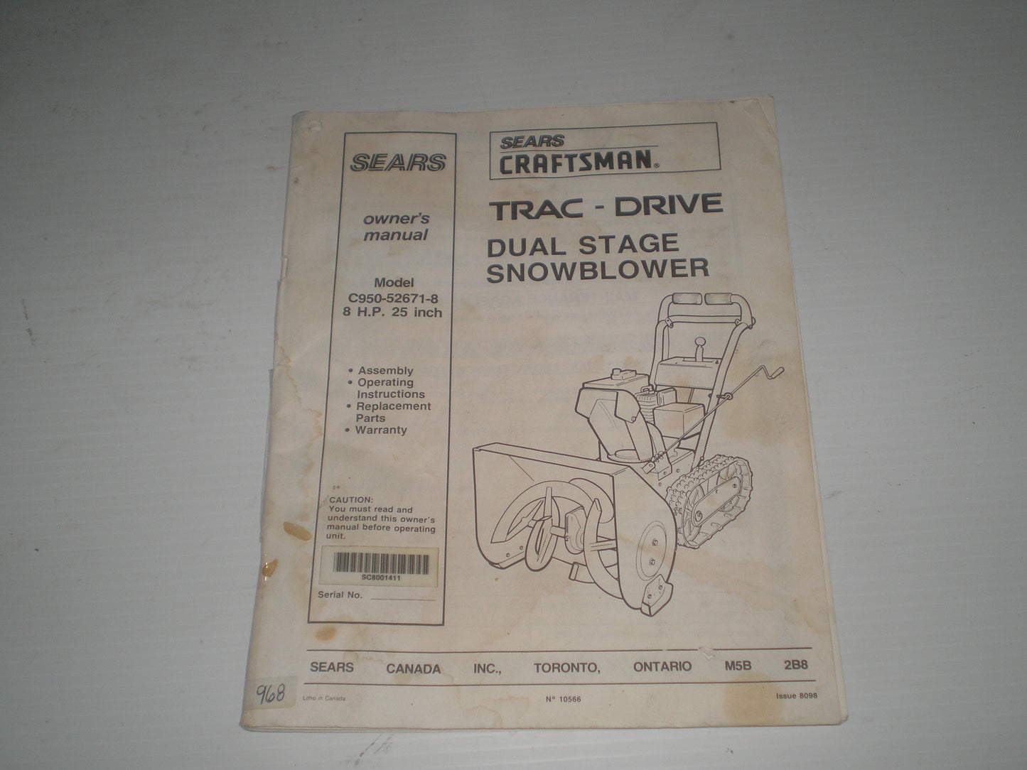 Sears CRAFTSMAN Trac-Drive Dual Stage Snowblower 8HP Owner's Manual C950-52671-8 #968