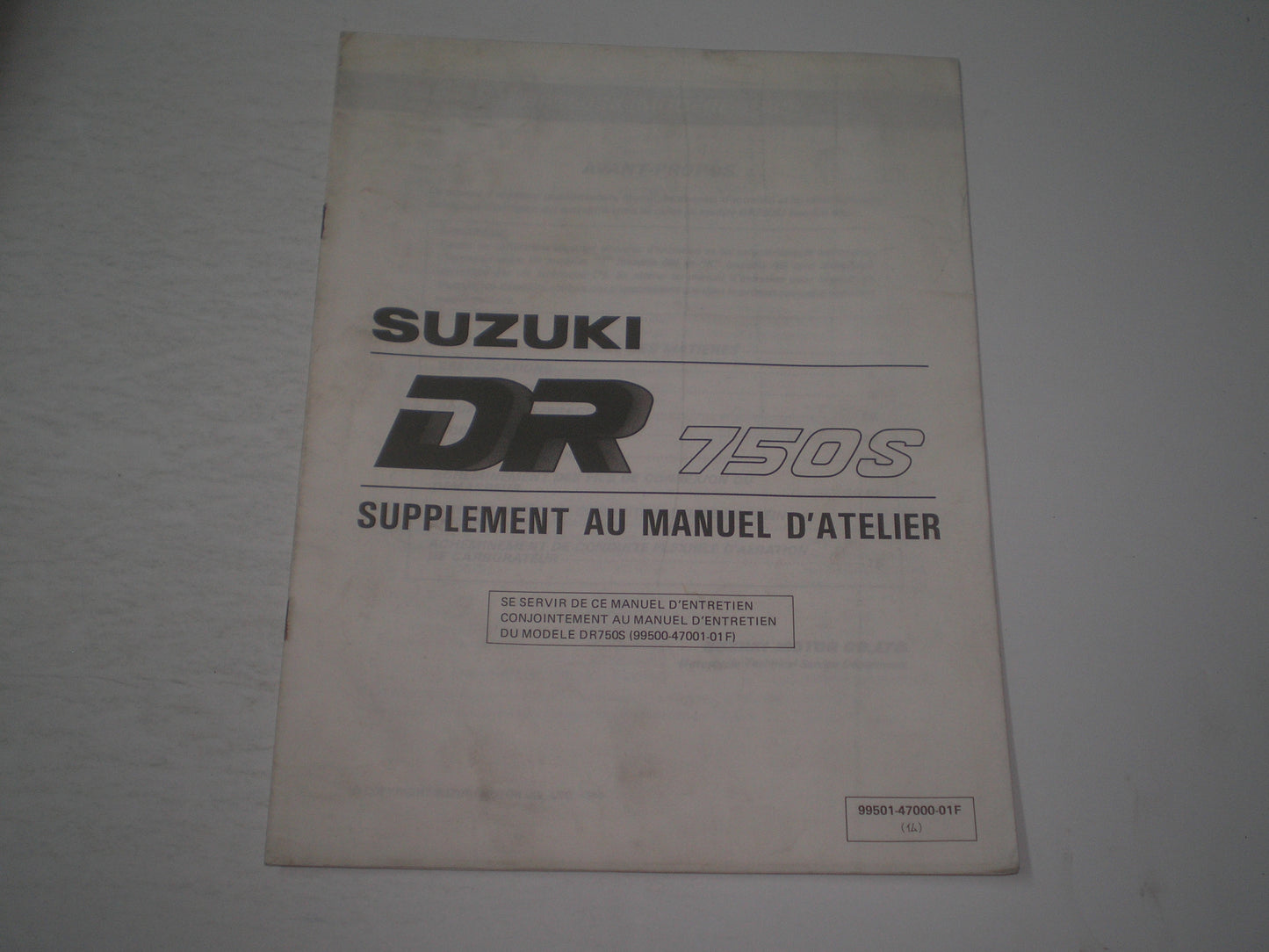 SUZUKI DR750S K 1989 Supplément au manuel d'atelier 99501-47000-01F #1887