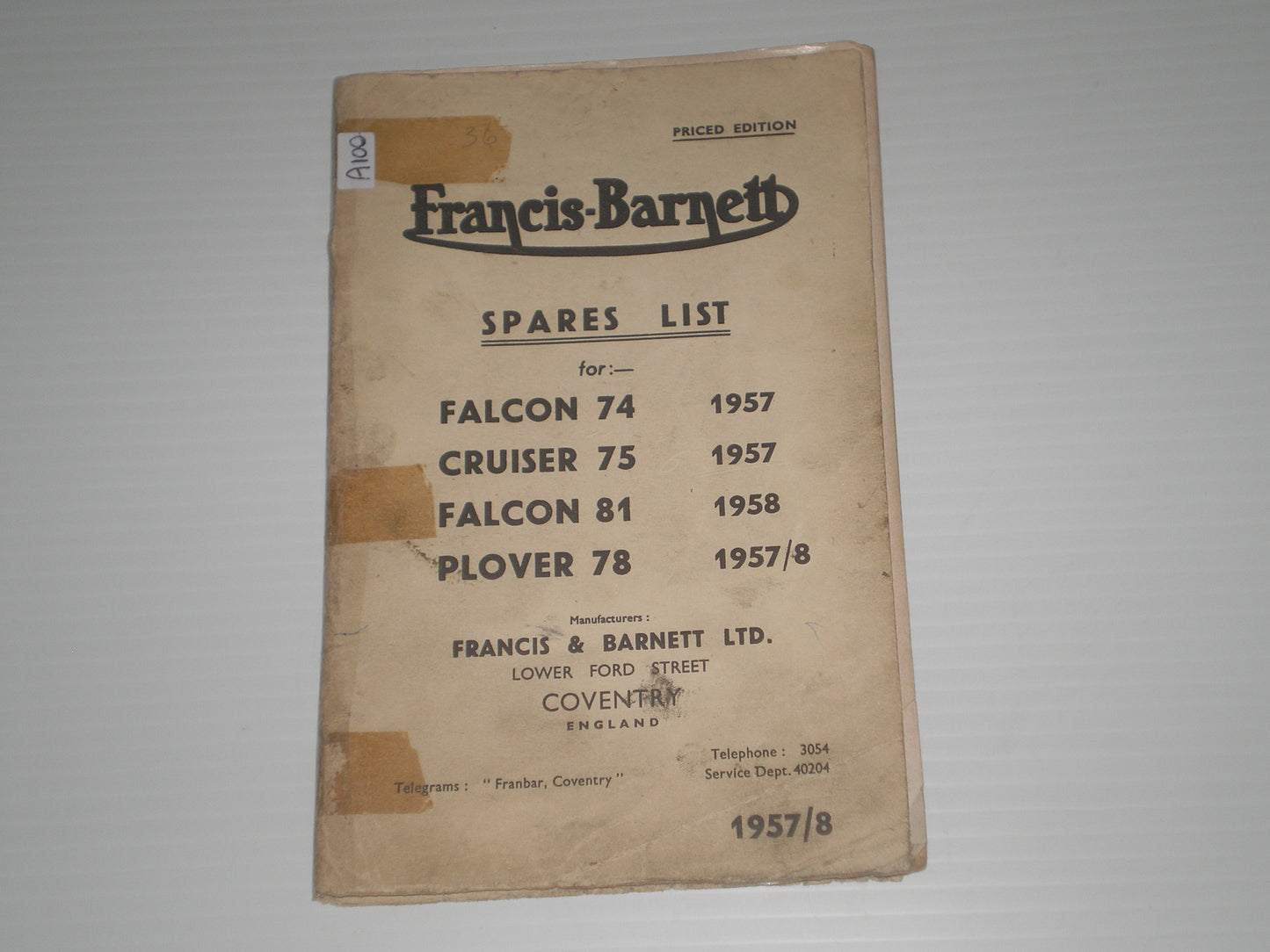 FRANCIS-BARNETT Falcon 74 & 81 / Cruiser 75 / Plover 78 1957-1958 Parts List #A100
