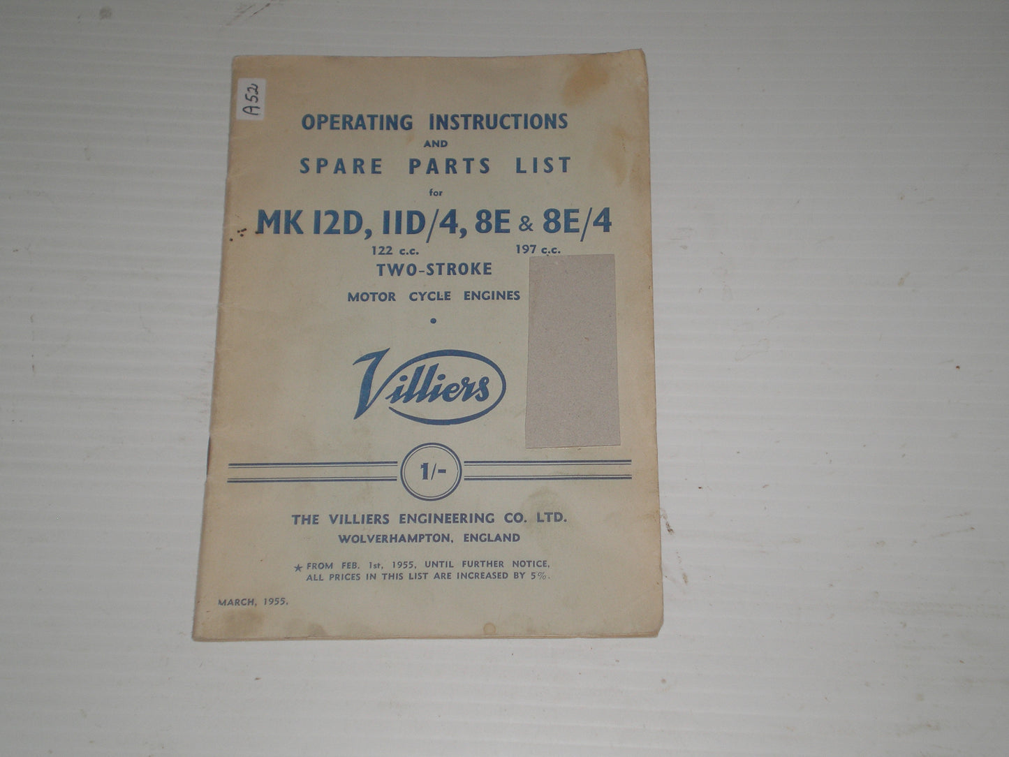 VILLIERS Engines MK12D MK11D/4 MK8E MK8E/4 1955 Operating Instructions & Parts List V.E.C. 73 #A52