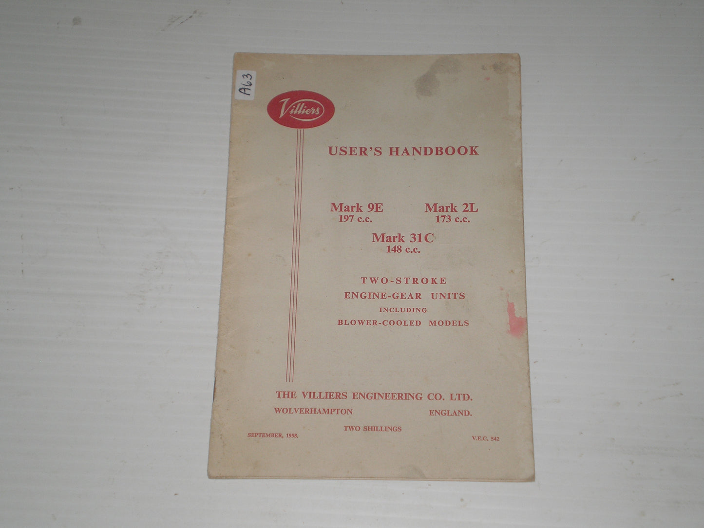 VILLIERS Engines Mark 9E 2L 31C 1959 User's Handbook V.E.C. 542 #A63
