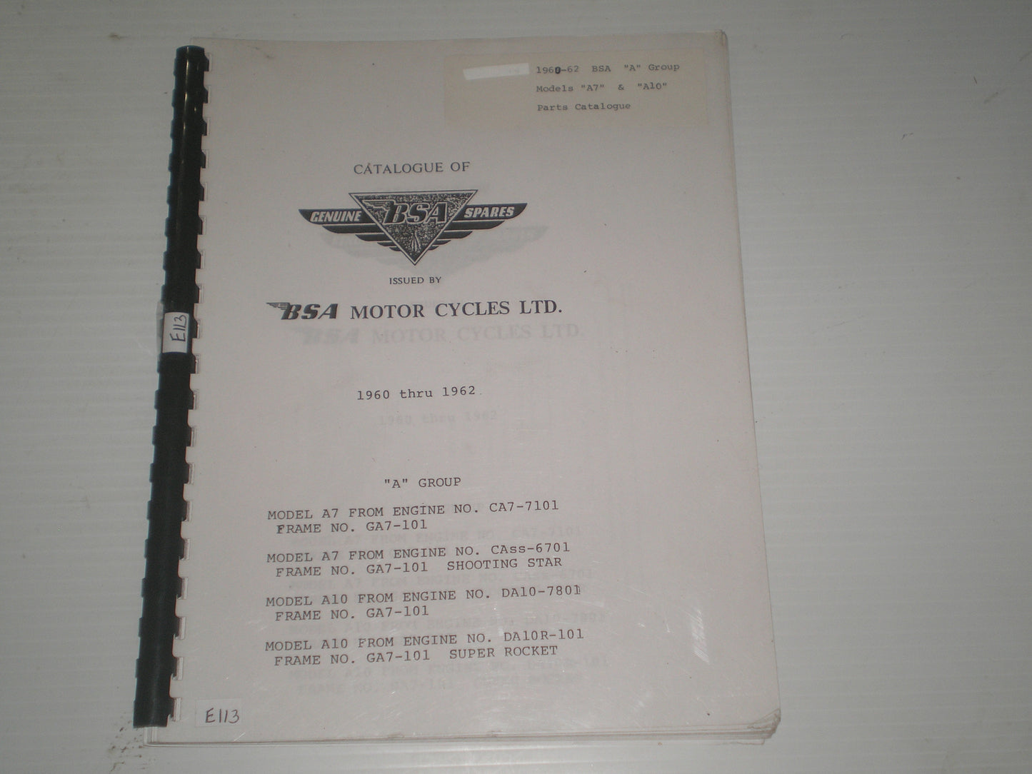 BSA A7 & A10 "A" Group 1960-1962 Parts Catalogue #E113