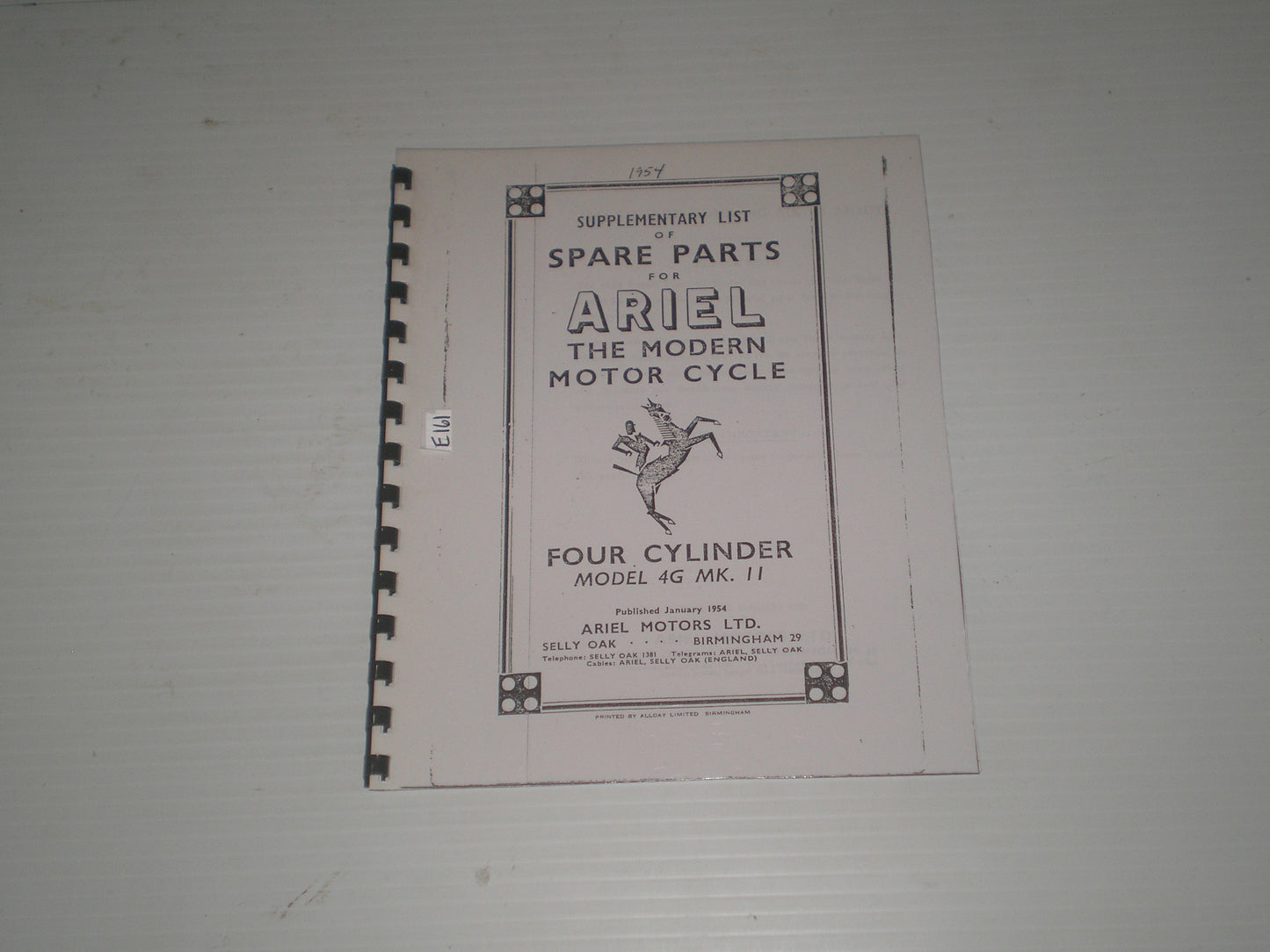 ARIEL Square Four 4G MK II Model 1954 Supplementary Spare Parts / Catalogue #E161