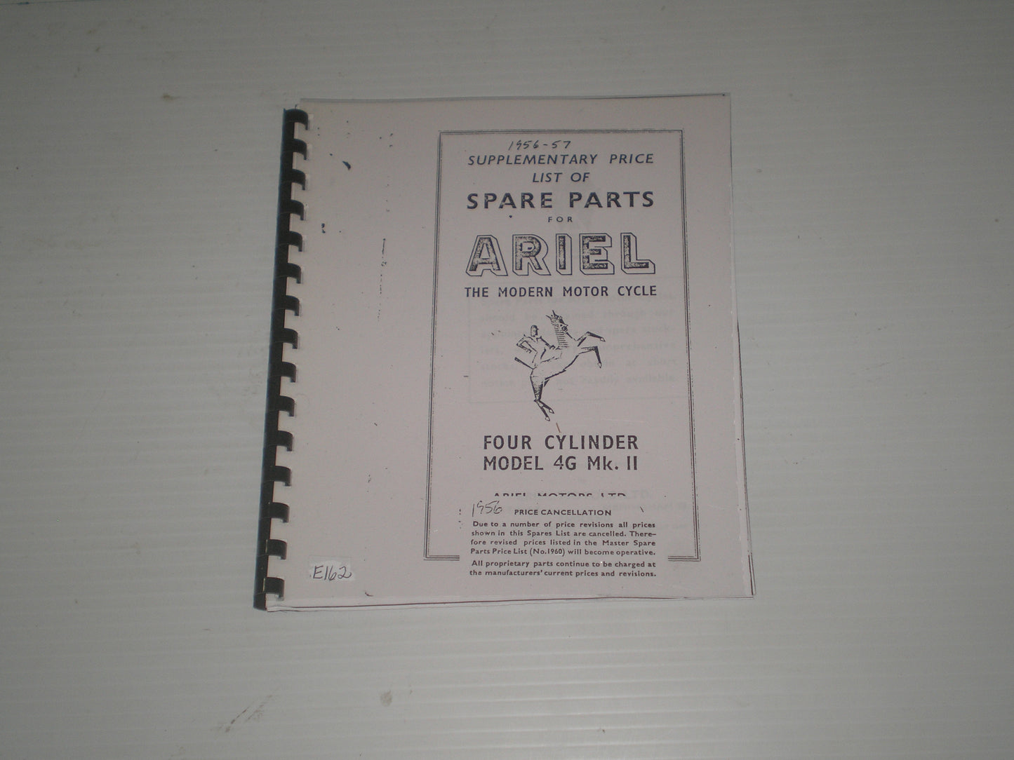 ARIEL Four Cylinder Model 4G Mk.II 1956-1957 Price List for Spare Parts #E162