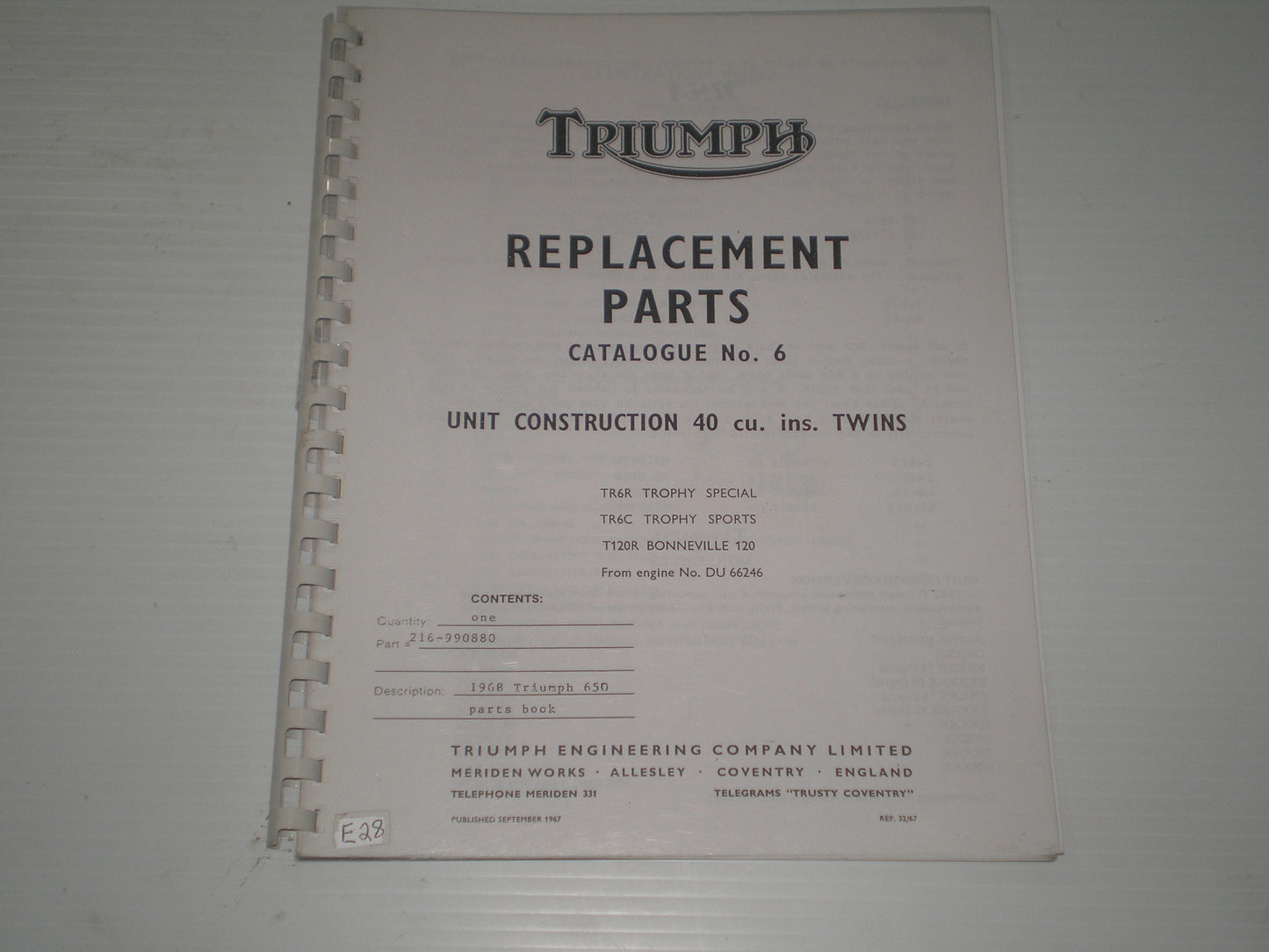 TRIUMPH T120 Bonneville TR6 Trophy 1968 Parts Catalogue No. 6 32/67 99-0880 #E28