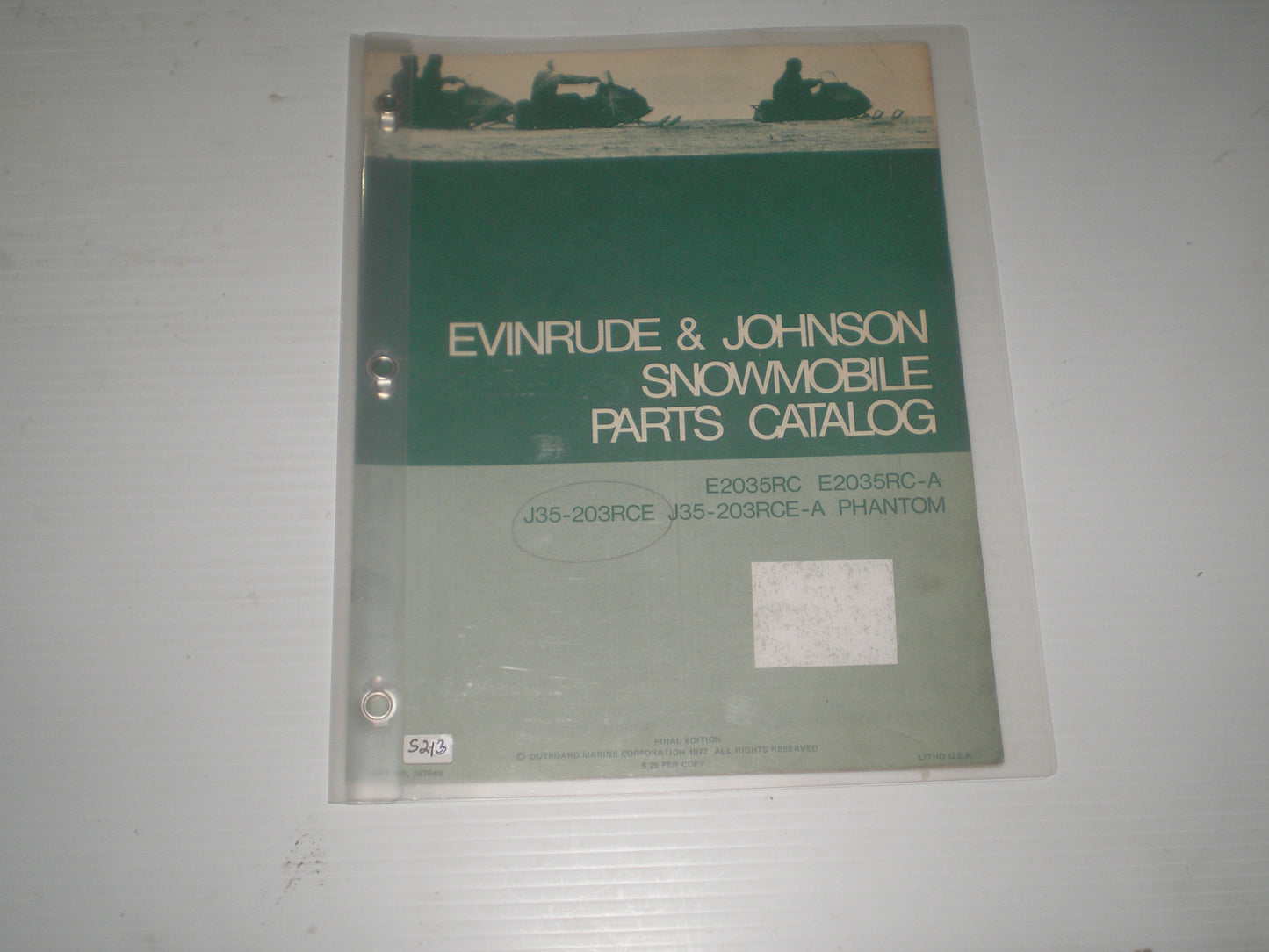 EVINRUDE & JOHNSON E2035RC / E2035RC-A / J35-203RCE / J35-203RCE-A / Phantom Snowmobile 1973 Parts Catalogue 262840 # S213