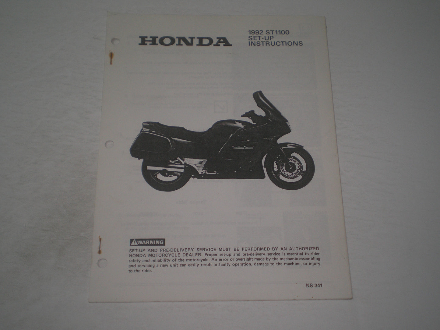 HONDA ST1100 1992 Set-Up Instructions and Pre-Delivery Service Manual NS341 #1903