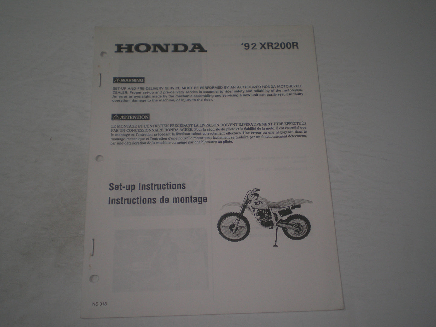 HONDA XR200R 1992 Set-up Instructions & Pre-Delivery Service Manual NS318 #1900