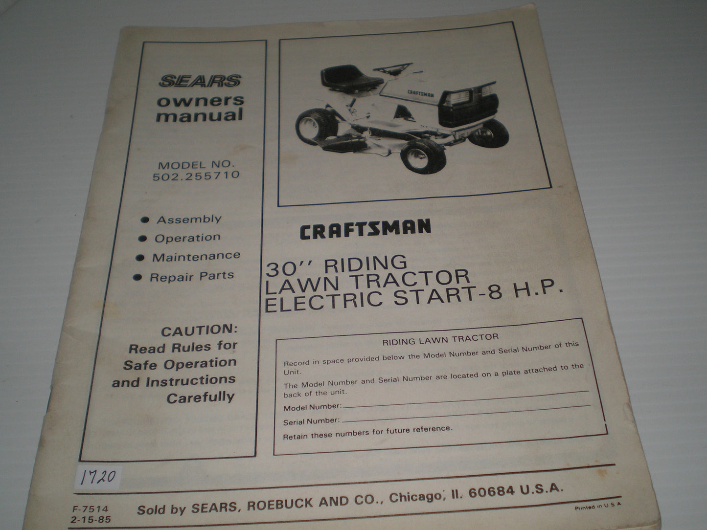 CRAFSTMAN SEARS 30" Riding Lawn Tractor Electric Start 8HP Model 502.255710 Owner's Manual #1667
