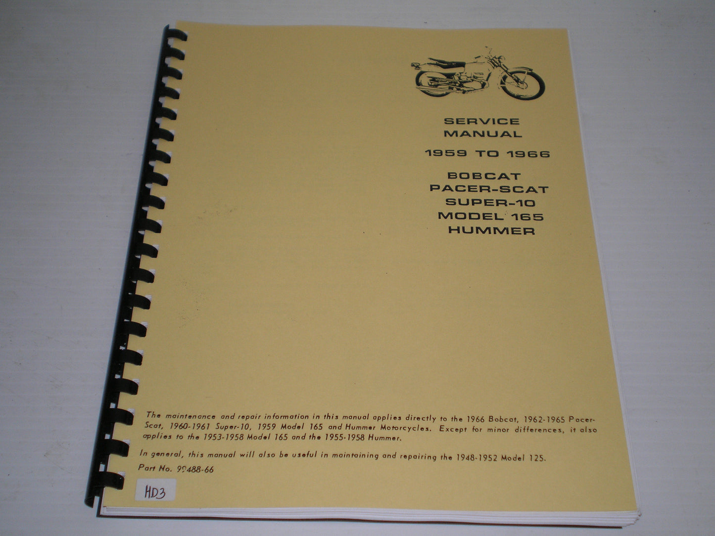 HARLEY-DAVIDSON 1948-1966 Bobcat / Pacer-Scat / Super 10 / 125 / 165 / Hummer Service Manual 99488-66 #HD3