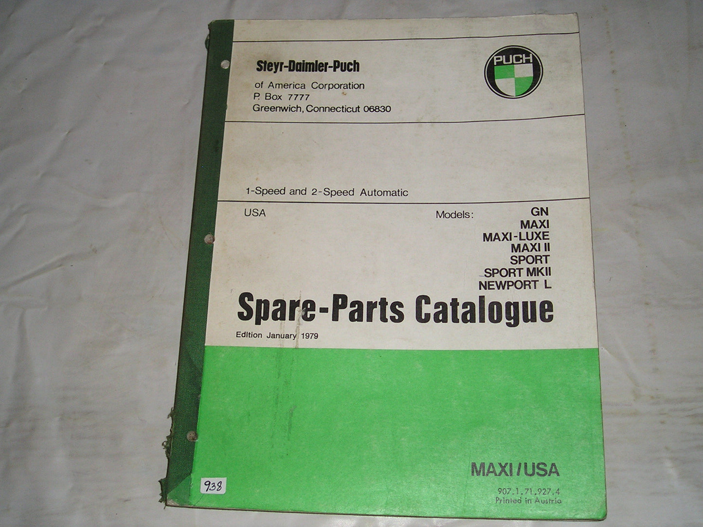 PUCH GN Maxi Maxi-Luxe Maxi II Sport Sport MKII Newport L 1979 Parts Catalogue 907.1.71.927.4 # 938