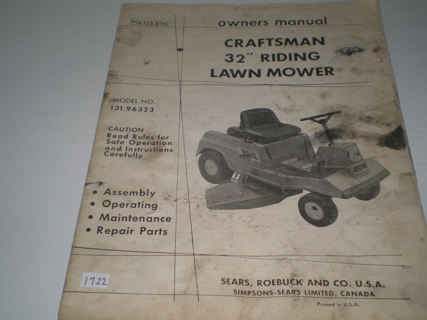 CRAFSTMAN SEARS 32" Riding Lawn Mower Model # 131.96323 Owner's Manual #1668