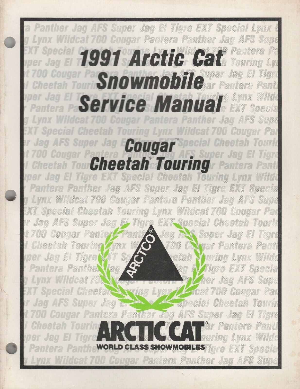 ARCTIC CAT 1991 SNOWMOBILE Cougar & Cheetah Touring  Service Manual  2254-645  #B80