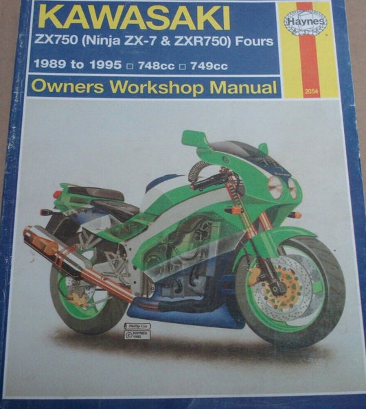 KAWASA HAYNES 2054 NINJA ZX750 ZX-7 ZXR750  1989 - 1995 WORKSHOP MANUAL ISBN 0-38345-0205