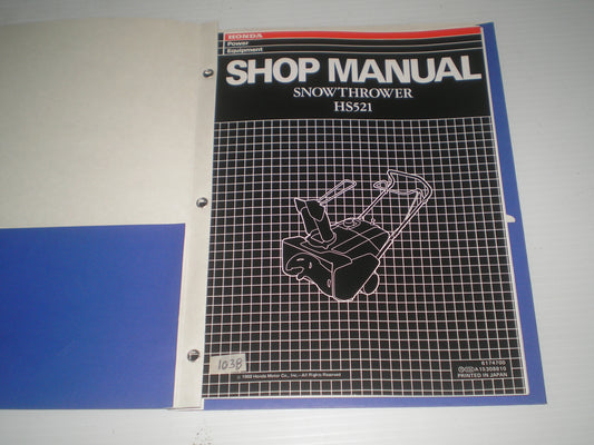 HONDA HS521 1989  Snowthrower / Snowblower  Service Manual 6174700  #1038