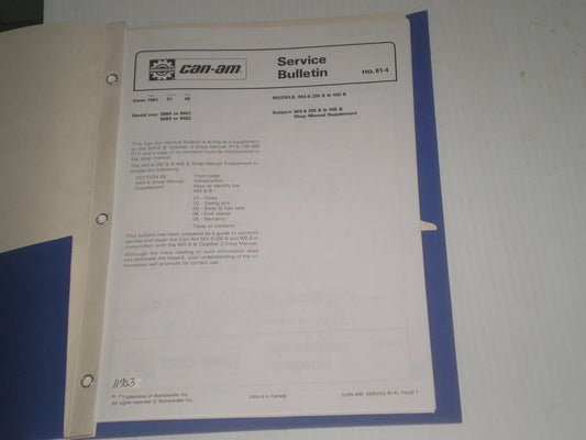 CANAM CAN AM MX6 MX-6 250 B & 400 B 1981 Service / Shop Manual Supplement #1170.4