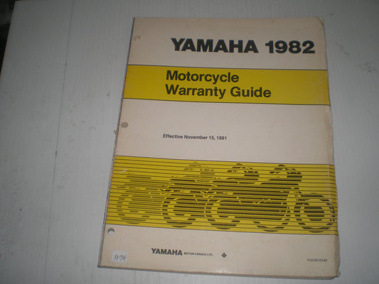 YAMAHA 1982  All Models  Motorcycle Warranty Guide   YCS-00103-82  #1174