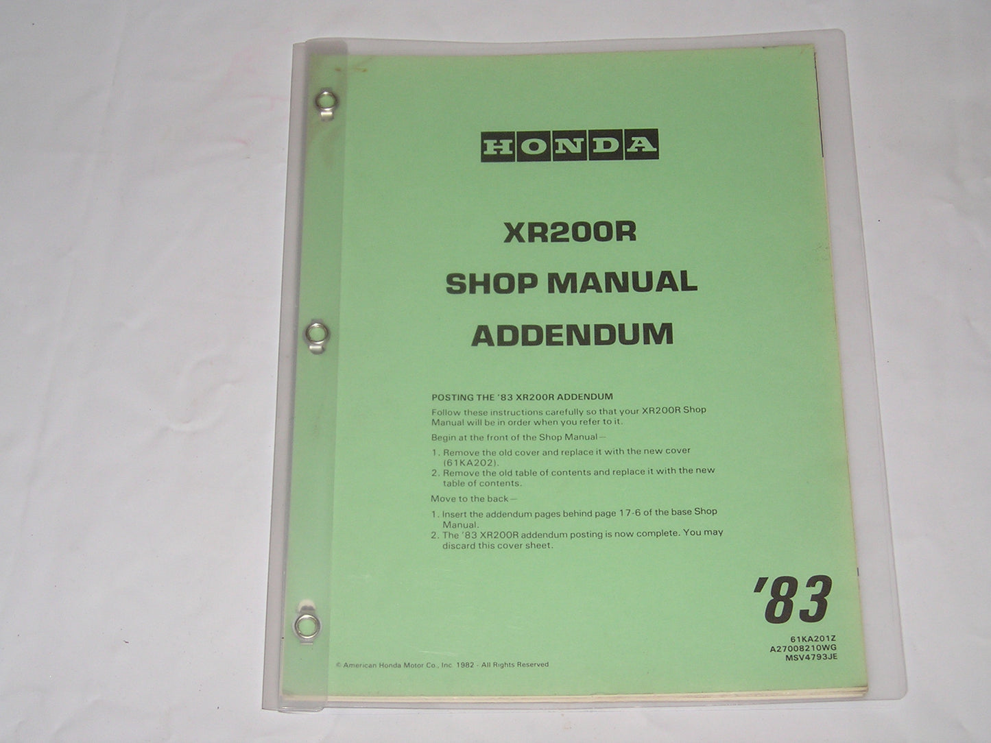 HONDA XR200 R  XR200R  1981-1983  Service / Shop Manual Supplement  HM1023  #1276