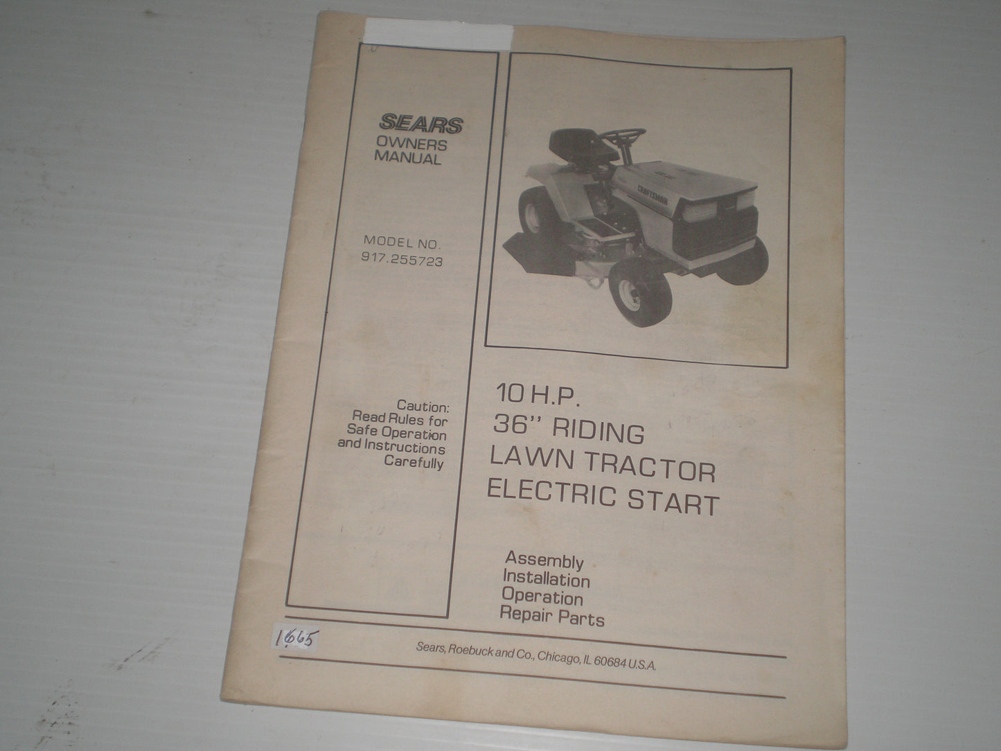 SEARS 10 HP  36" Riding Lawn Tractor Electric Start  Model # 917.255723  Owner's Manual  #1665