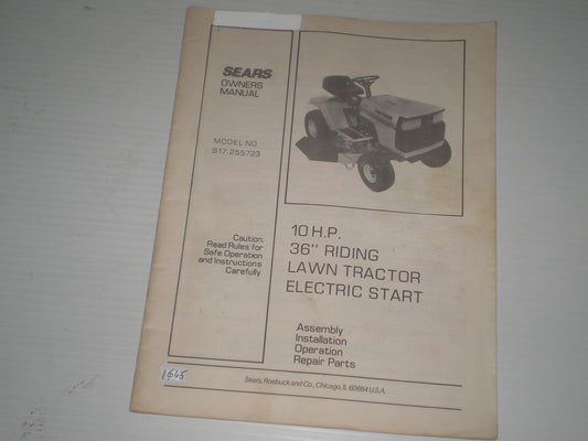 SEARS 10 HP 36" Riding Lawn Tractor Electric Start Model # 917.255723 Owner's Manual #1665
