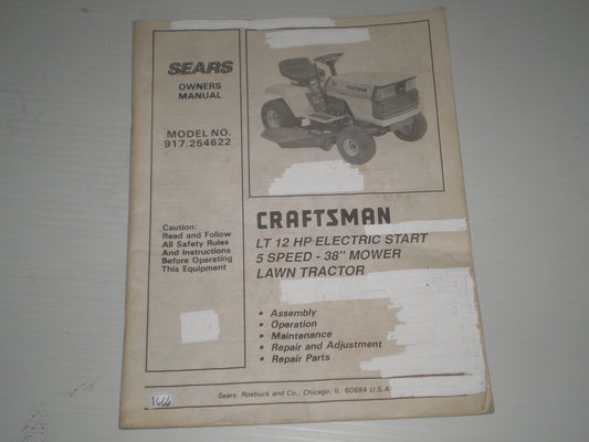 CRAFTSMAN SEARS 12 HP Electric Start 5 Speed 38" Mower Lawn Tractor Owner's Manual Model # 917.254622 #1666