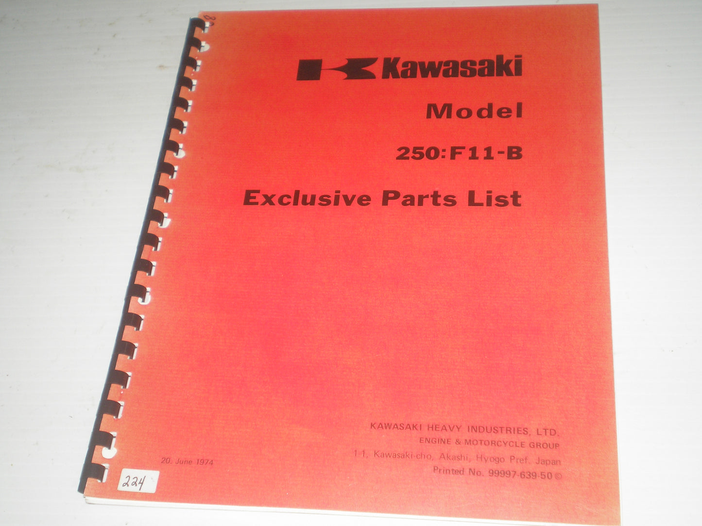 KAWASAKI Model 250 F11-B  F11 B  1975  Parts List  99997-639-50  #224