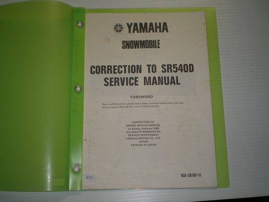 YAMAHA SR540 D  1980  Correction to SR540D Service Manual  8L0-28197-11  #S156