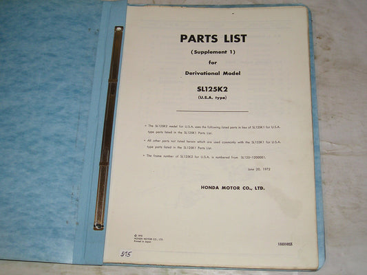 HONDA SL125 K2 1973 Facory Parts List 1333102Z #575