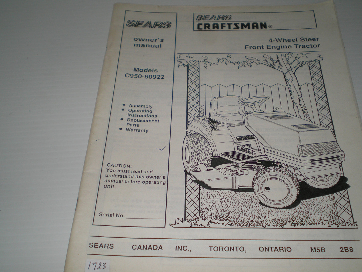 CRAFSTMAN SEARS  4-Wheel Steer Front Engine Tractor  Model # C950-60922  Owner's Manual  #1669