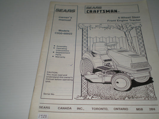 CRAFSTMAN SEARS  4-Wheel Steer Front Engine Tractor  Model # C950-60922  Owner's Manual  #1669