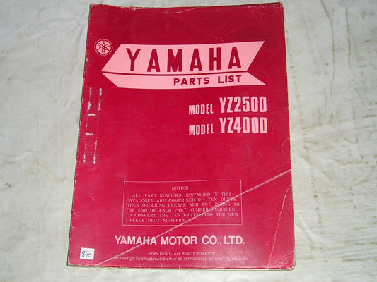 YAMAHA YZ250 D YZ400 D 1977 Parts List / Catalogue 1W3-28198-60 LIT-10011-W3-00 #840