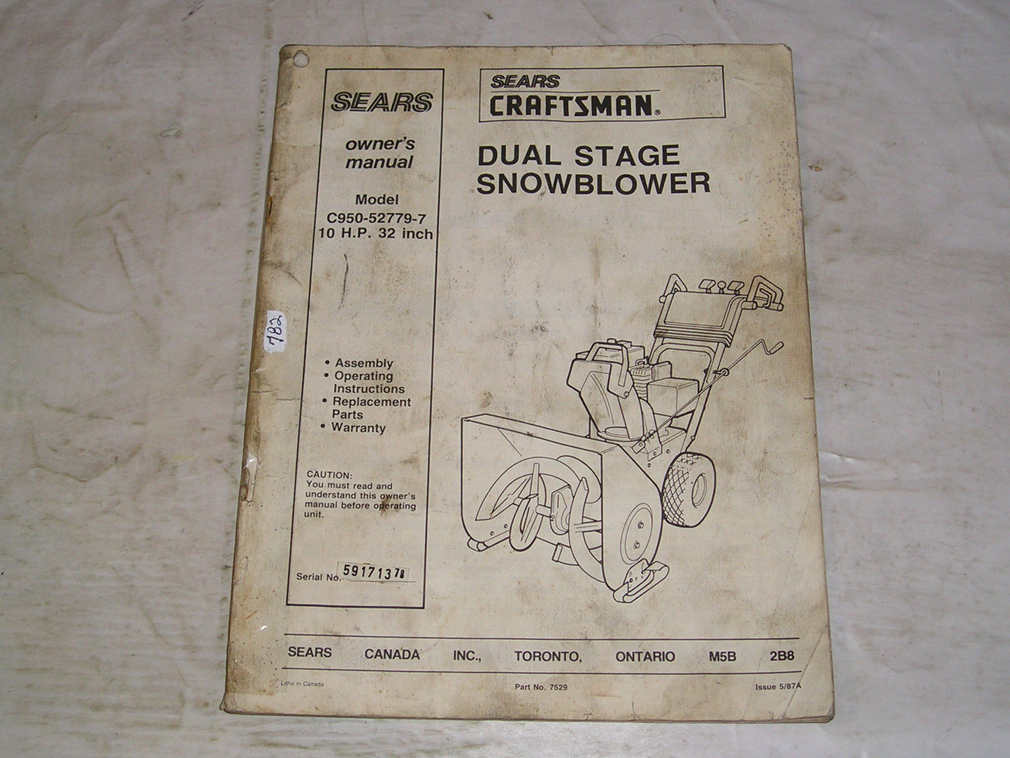 Sears CRAFTSMAN  Dual Stage Snowblower 10HP  Owner's Manual 7529  #782