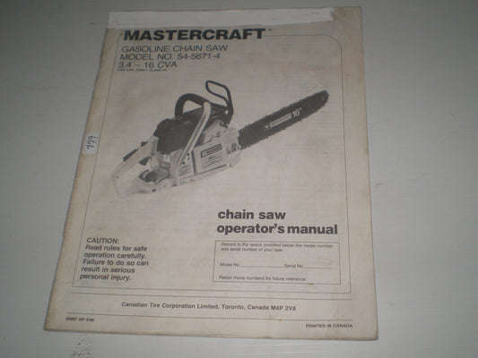 MASTERCRAFT Gasoline Chain Saw Operator's Manual  66887 BP 9/86  #779