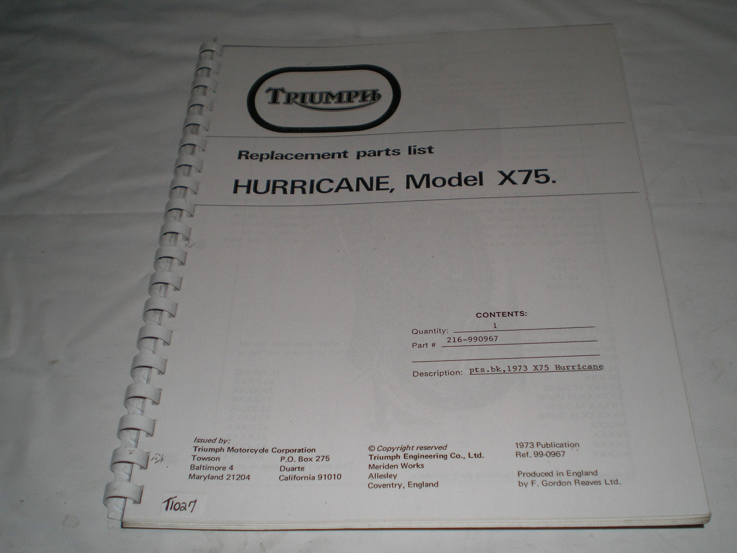 TRIUMPH Hurricane  X75 1973  Parts List Catalogue  99-0967  #E27