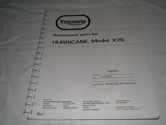 TRIUMPH Hurricane X75 1973 Parts List Catalogue 99-0967 #E27