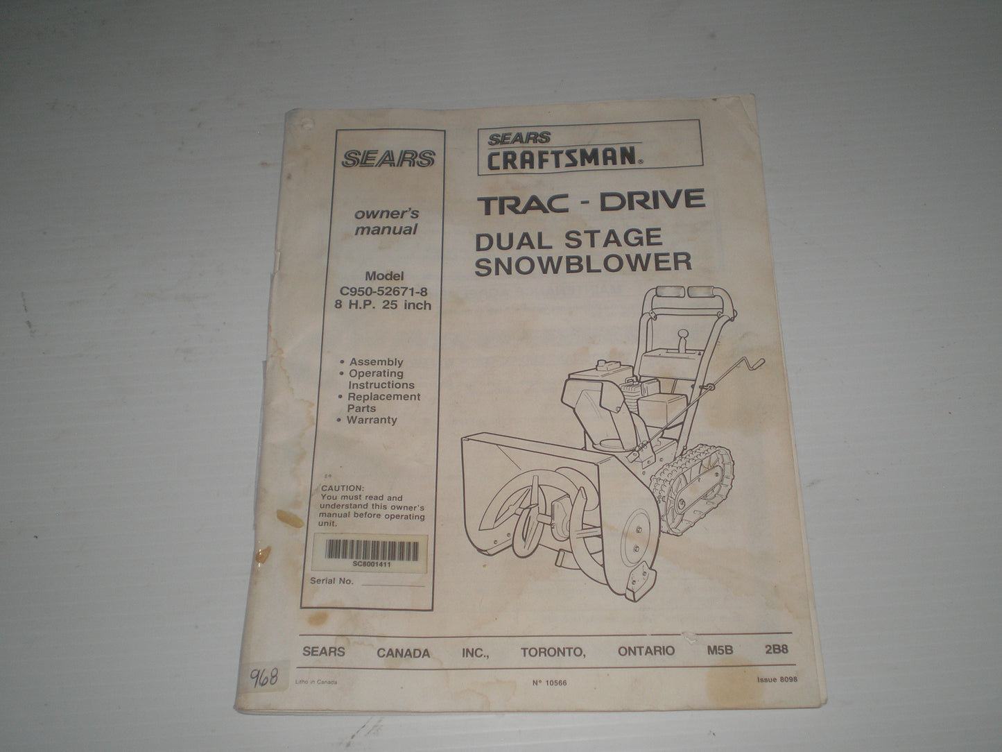 Sears CRAFTSMAN Trac-Drive Dual Stage Snowblower 8HP Owner's Manual  C950-52671-8  #968