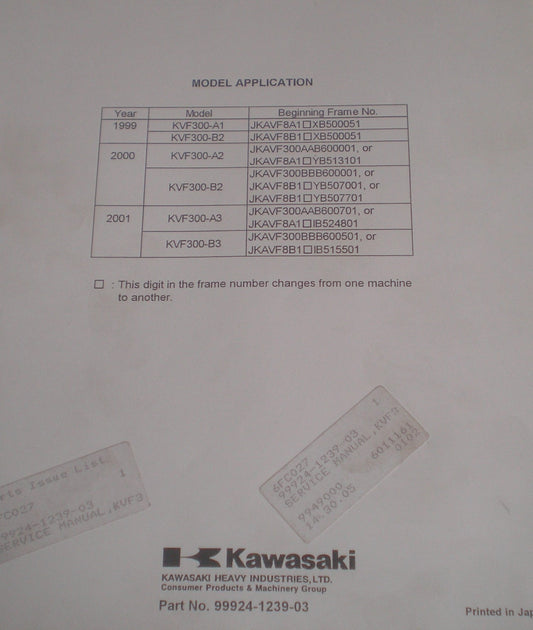 KAWASAKI KVF300 PRAIRIE 300 FACTORY SERVICE  MANUAL 99924-1039-03