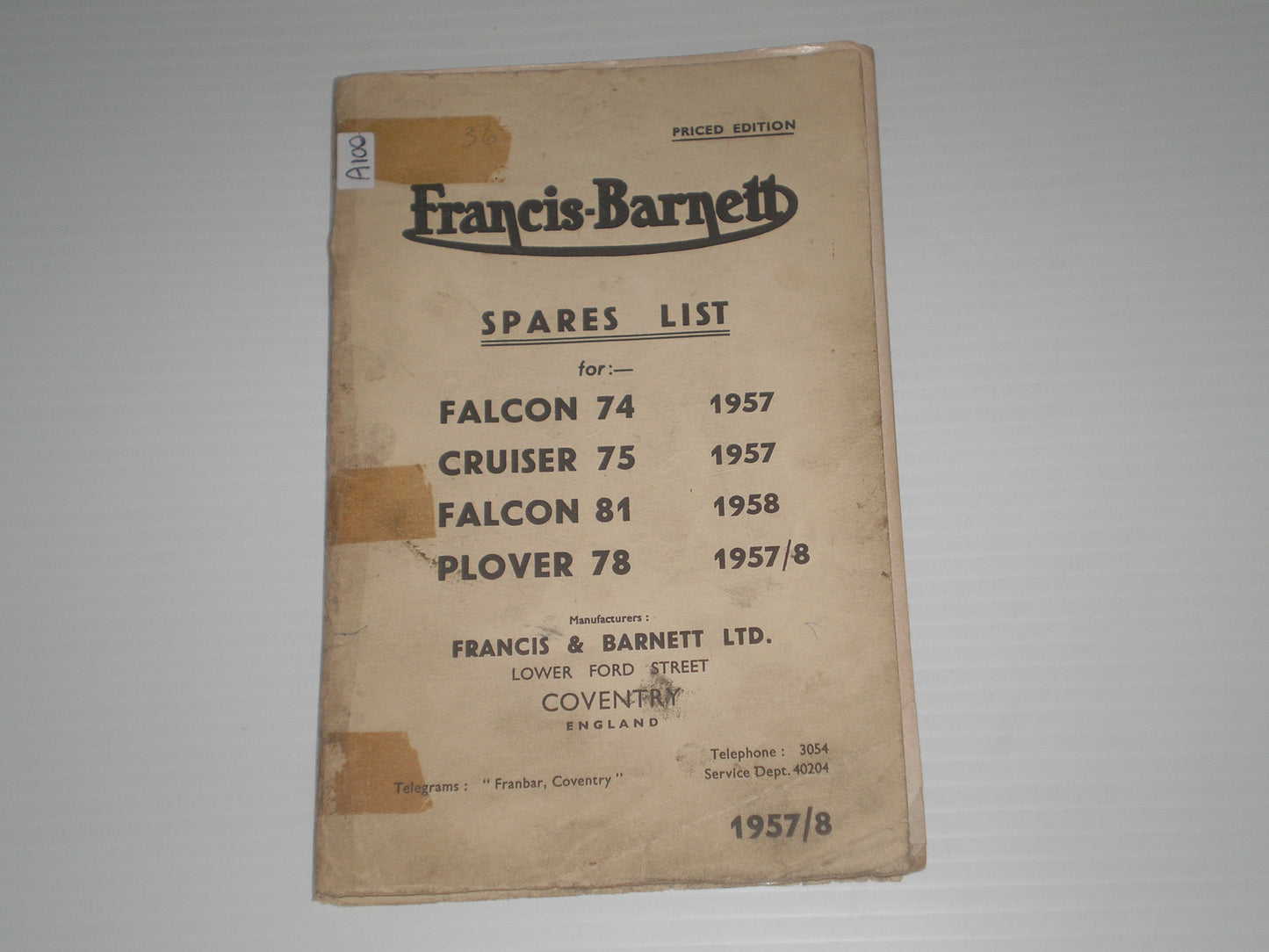 FRANCIS-BARNETT Falcon 74 & 81 / Cruiser 75 / Plover 78  1957-1958  Parts List #A100
