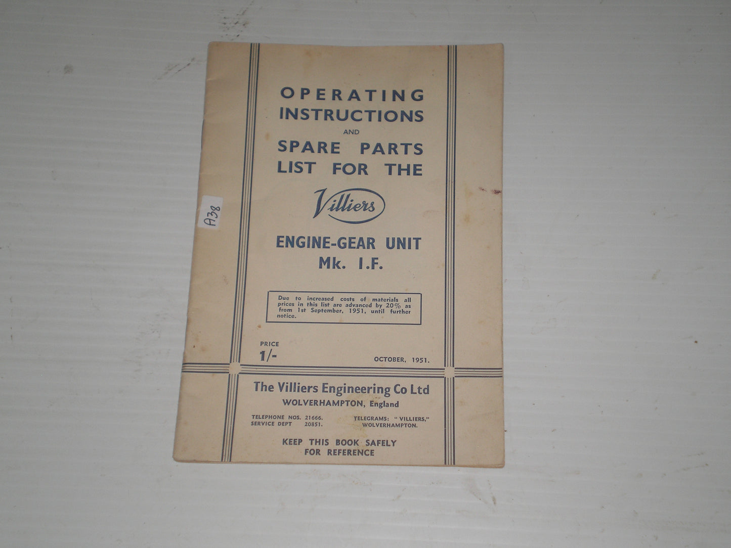 VILLIERS Mk. I.F.  Engine-Gear Unit  Service Manual & Parts Catalogue #A38