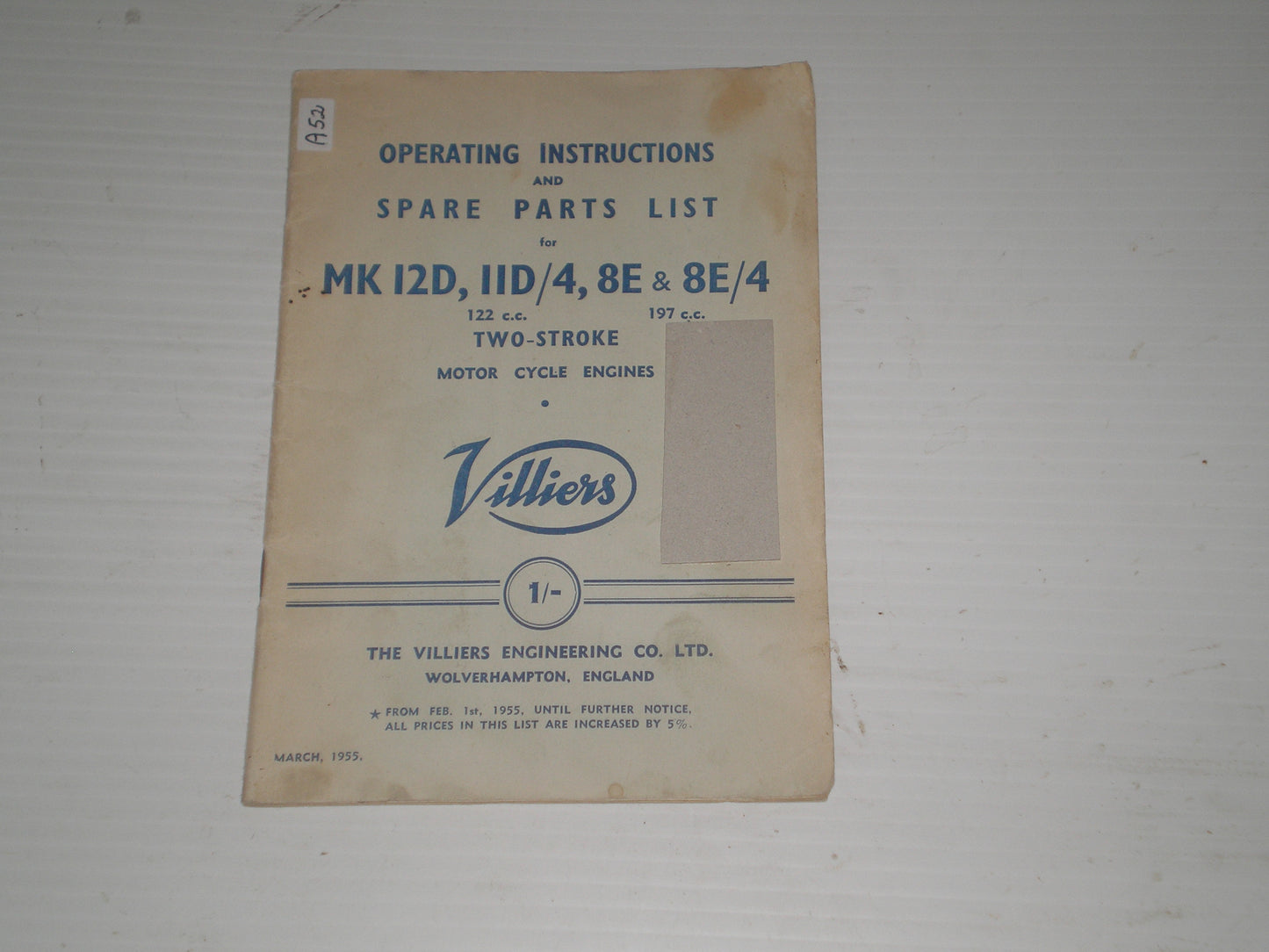 VILLIERS Engines  MK12D  MK11D/4  MK8E  MK8E/4  1955  Operating Instructions & Parts List V.E.C. 73  #A52